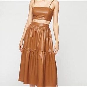 NWT Brown Faux Leather 2PC Set Bralette Crop Top Tiered Midi Skirt Co-ord